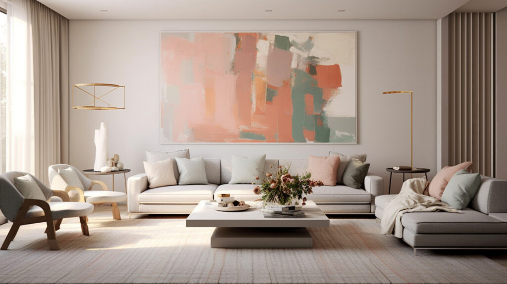 Living room with a soft color palette built around a large wall art