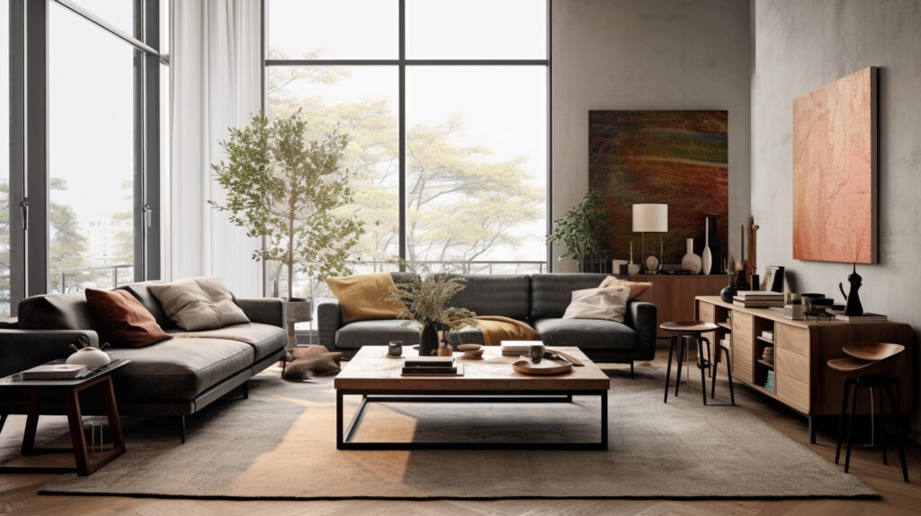 Living room with a statement coffee table and a large wall art 
