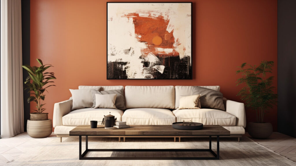 Living room with a statement coffee table and a large wall art 
