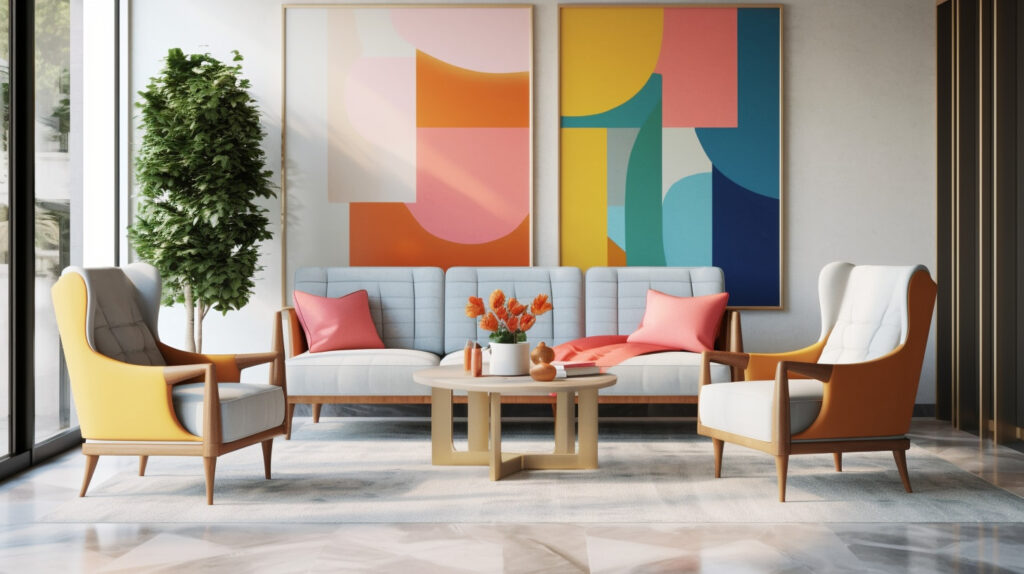 Living room with colorful accent chairs and a large wall art 