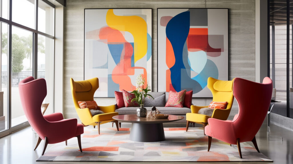 Phòng khách với các ghế accent màu sắc và tranh treo tường khổ lớn 