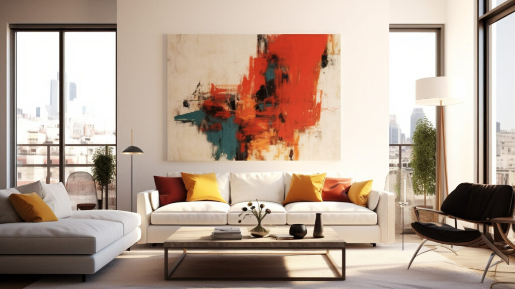 Living room with large wall art and matching wall colors 