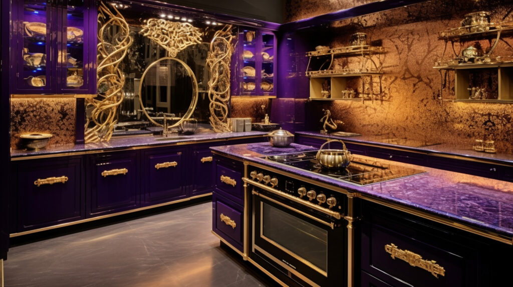 Luxurious purple and gold kitchen for a unique and opulent design