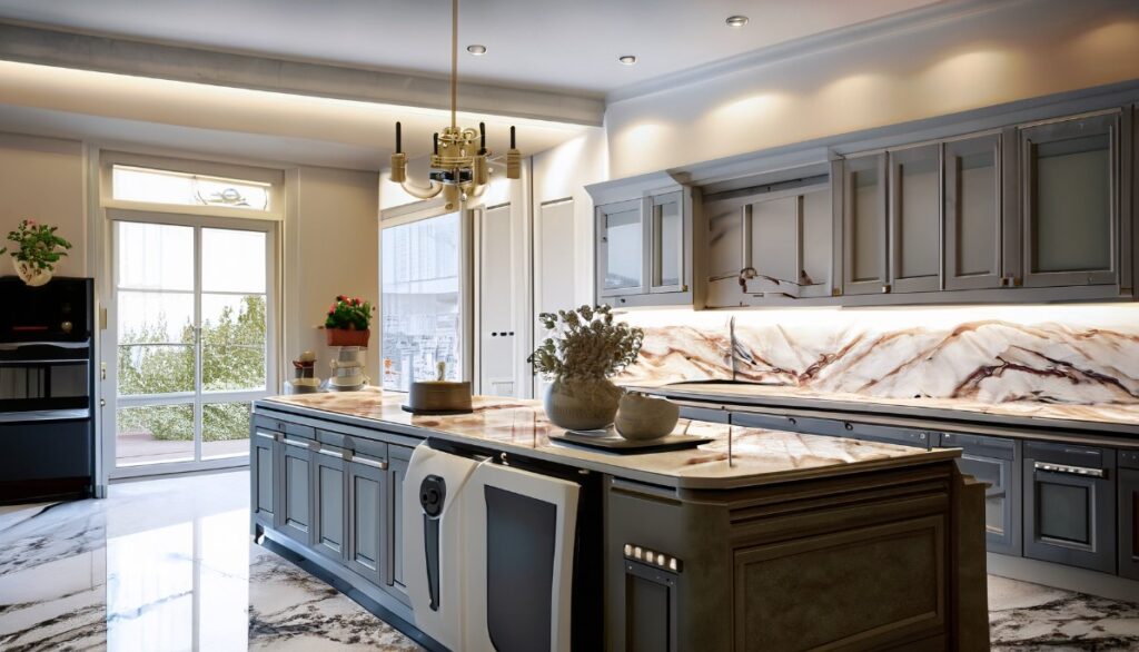 Luxury kitchen project featuring high-end appliances and marble countertops