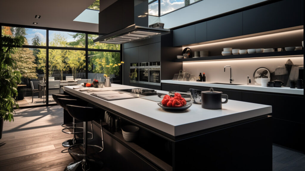 Thiết kế nhà bếp đen và trắng hiện đại minh họa xu hướng hiện tại