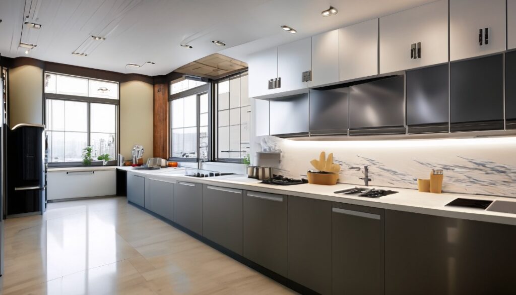 Modern galley kitchen with parallel counters and sleek appliances