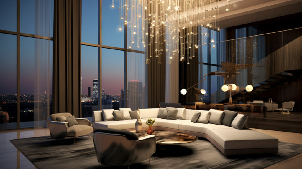Modern living room chandelier in a contemporary setting