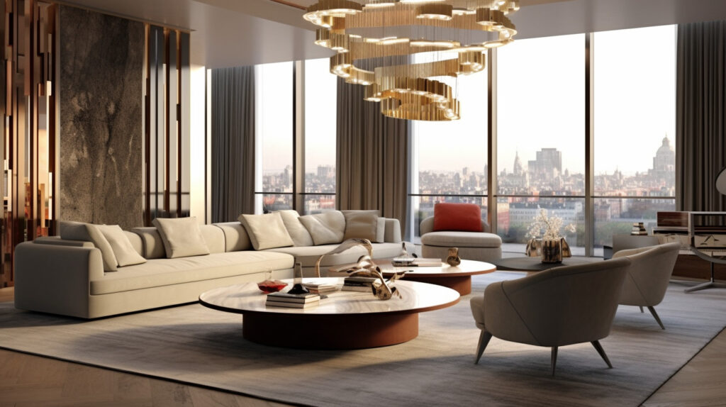 Modern living room chandelier in a contemporary setting