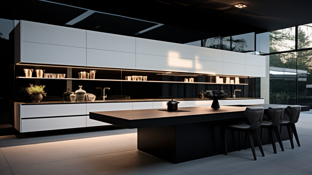 Design di cucina in bianco e nero moderno e minimalista