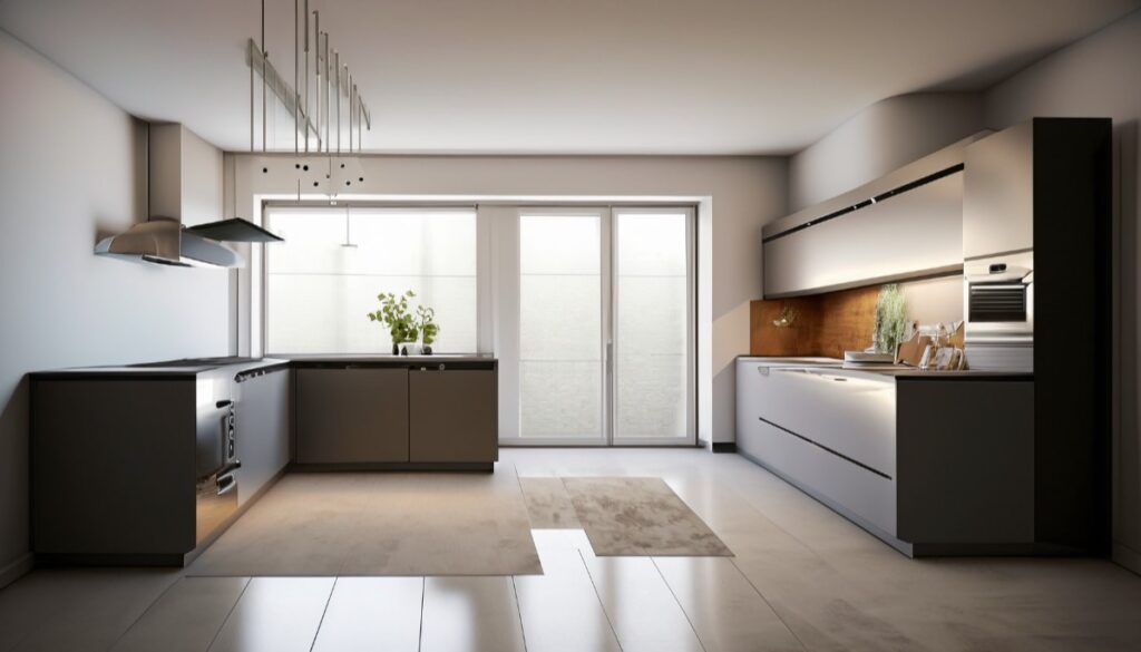 Modern minimalist kitchen with sleek lines and neutral colors