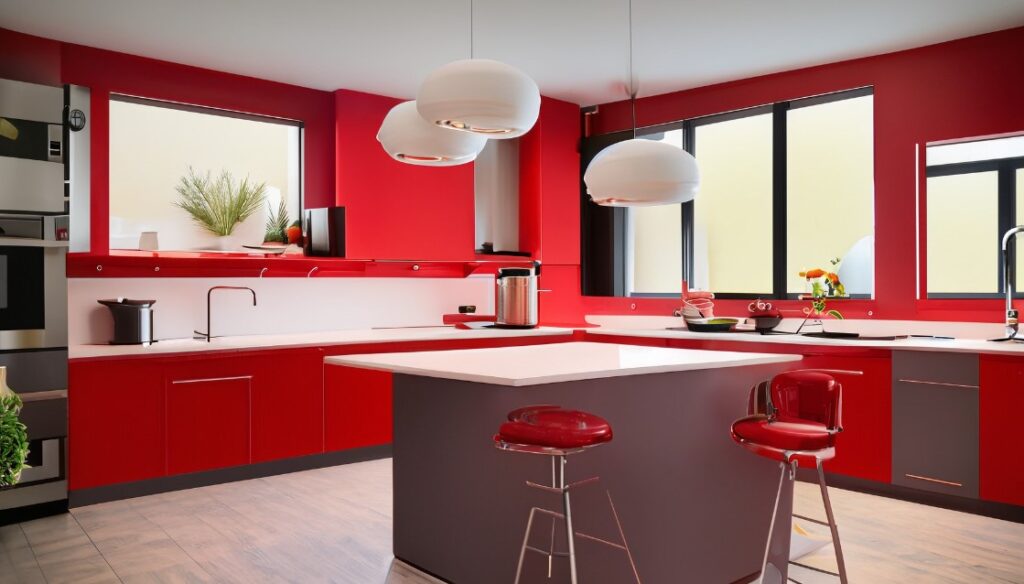 Modern red kitchen with a prominent table and kitchen cabinets