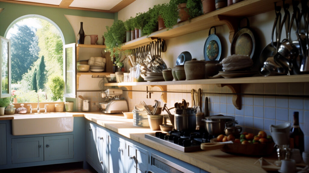 Open shelving in a country-style kitchen
