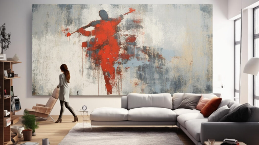 Person cleaning a large wall art in a living room 