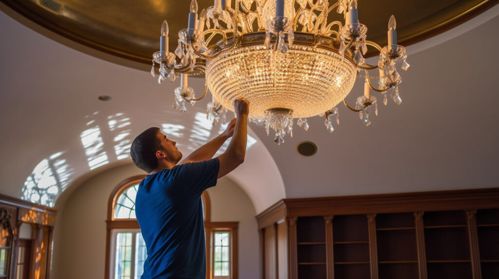 Professional installation of a living room chandelier