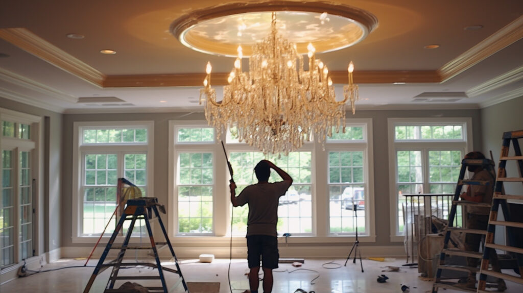 Professional installation of a living room chandelier