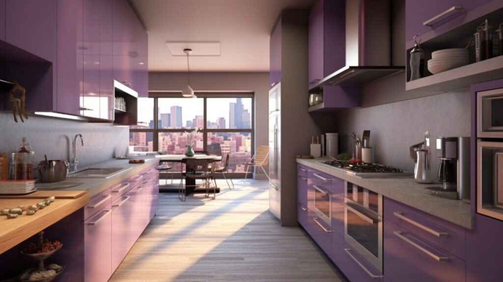 Purple and grey kitchen balancing warmth and coolness for a unique color scheme