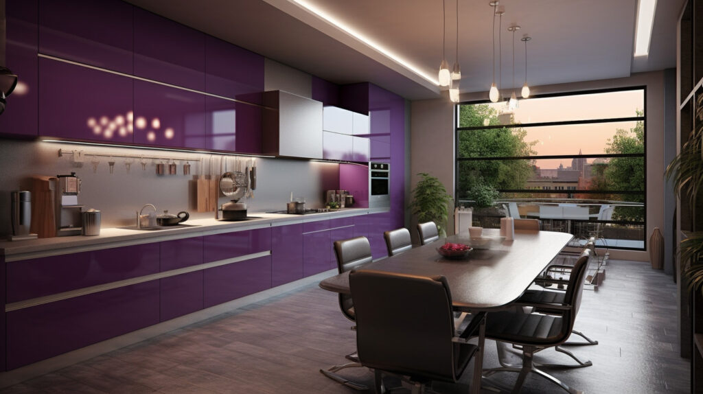 Purple and grey kitchen balancing warmth and coolness for a unique color scheme
