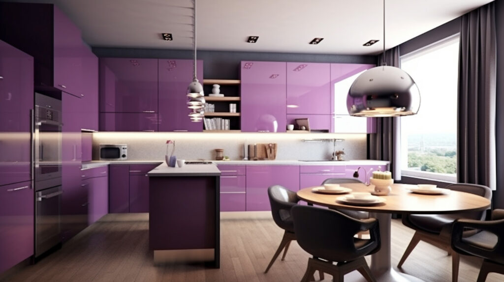 Retro kitchen featuring a captivating purple color scheme for a modern and chic design 