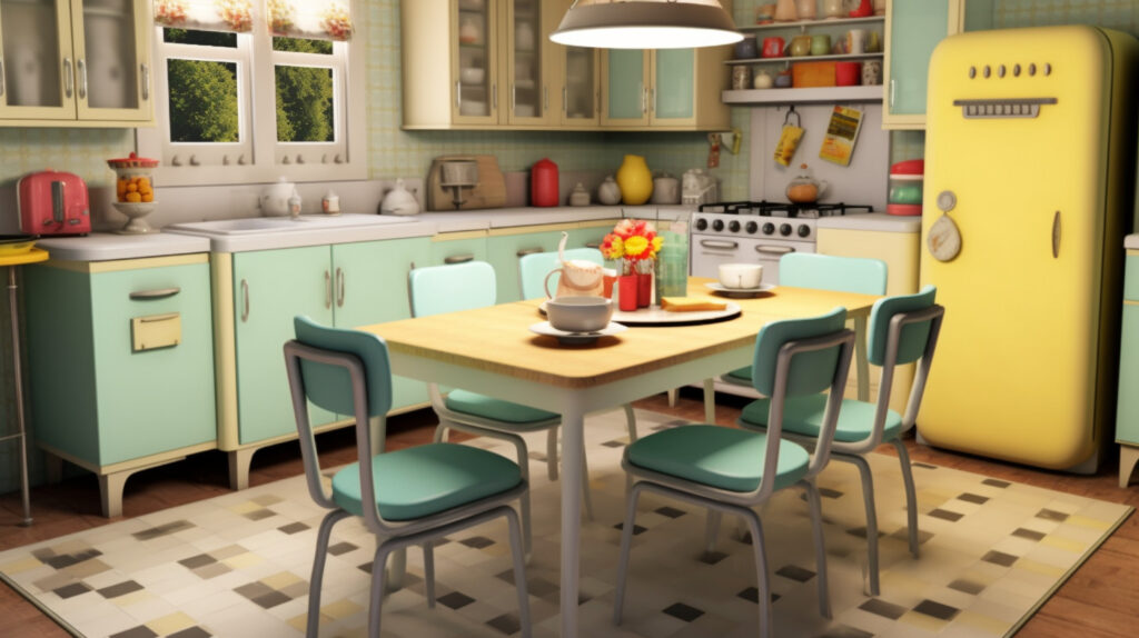 Retro kitchen featuring a charming retro dining set for a cozy and inviting atmosphere 