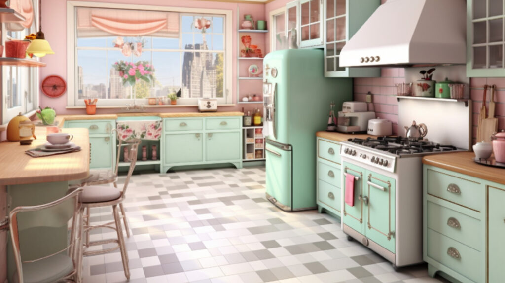 Retro kitchen featuring a serene and delightful pastel color palette 