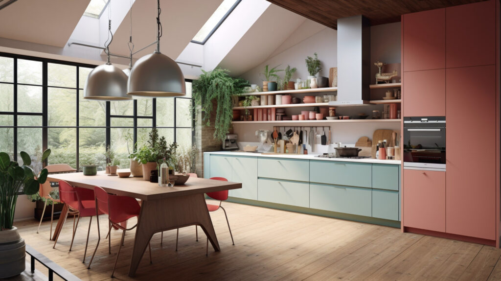 Retro kitchen featuring a statement pendant light as a focal point 