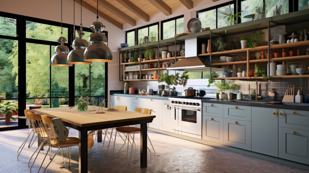 Retro kitchen featuring a statement pendant light as a focal point 