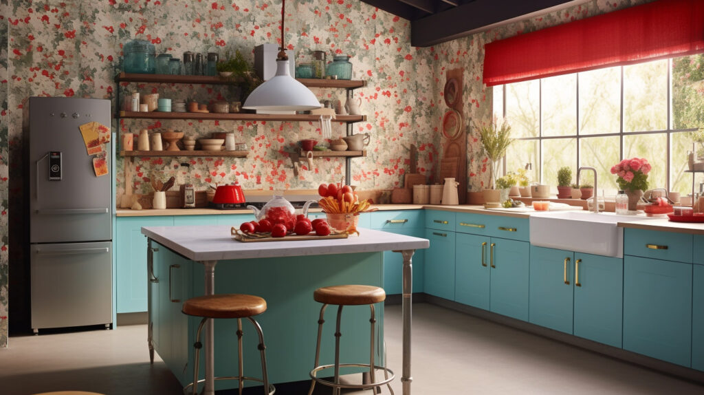 Retro kitchen featuring a wallpapered island as a focal point