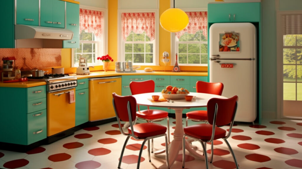 Retro kitchen featuring bold and bright colors for a lively and captivating design 