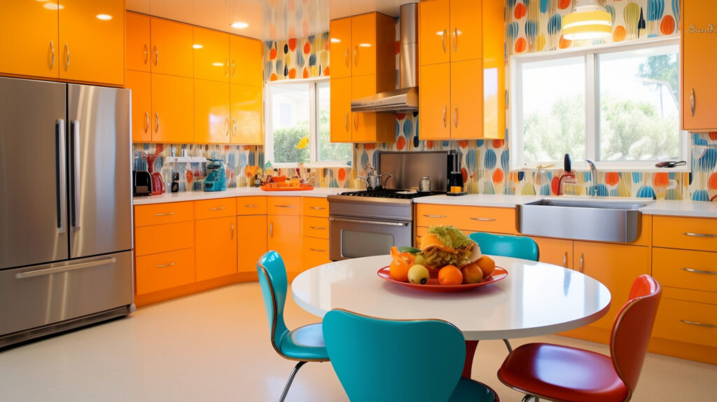 Retro kitchen featuring bold and bright colors for a lively and captivating design 