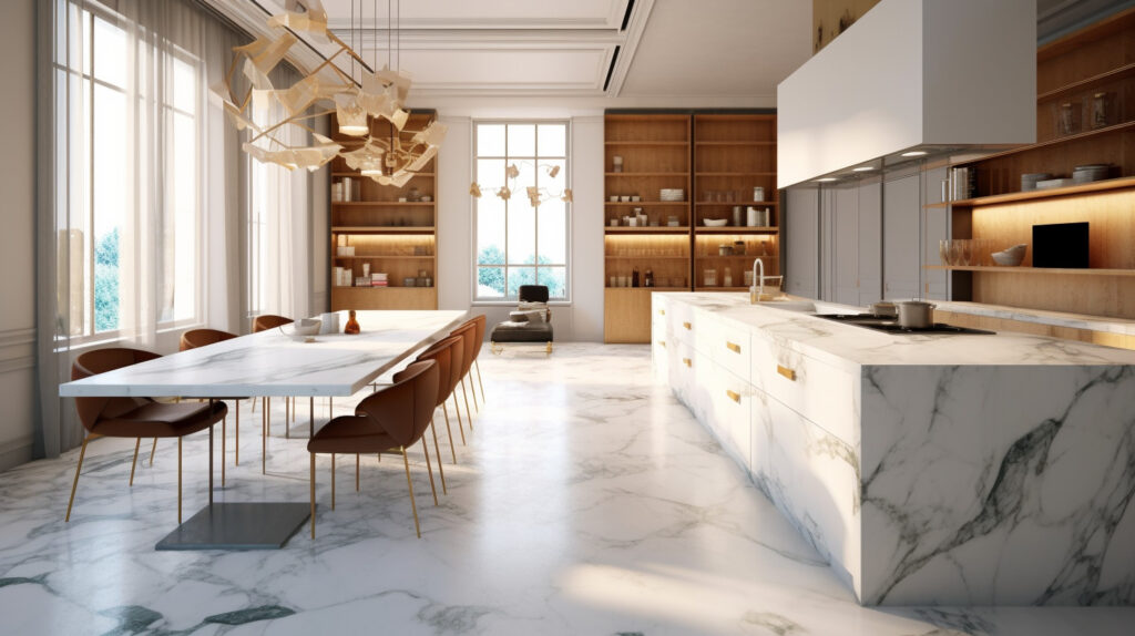 Retro kitchen featuring elegant marble surfaces for a touch of sophistication 