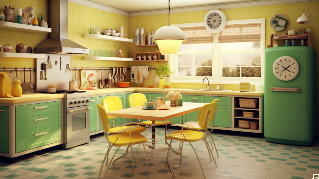 Retro kitchen featuring lively lime-toned accents for a fresh and energetic look 
