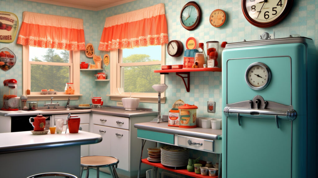 Retro kitchen featuring retro clocks and wall decor for a nostalgic and decorative touch 