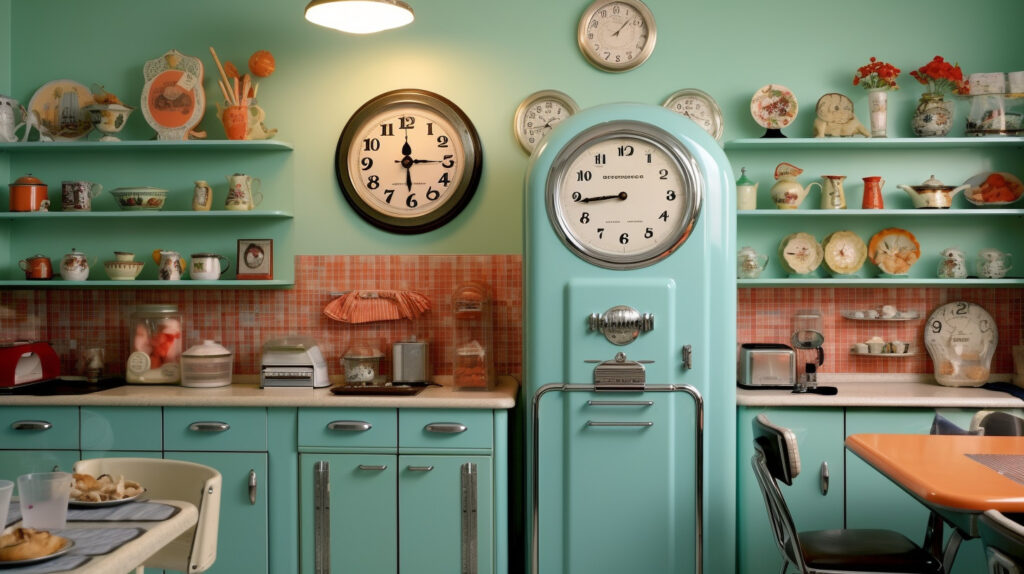 Retro kitchen featuring retro clocks and wall decor for a nostalgic and decorative touch 