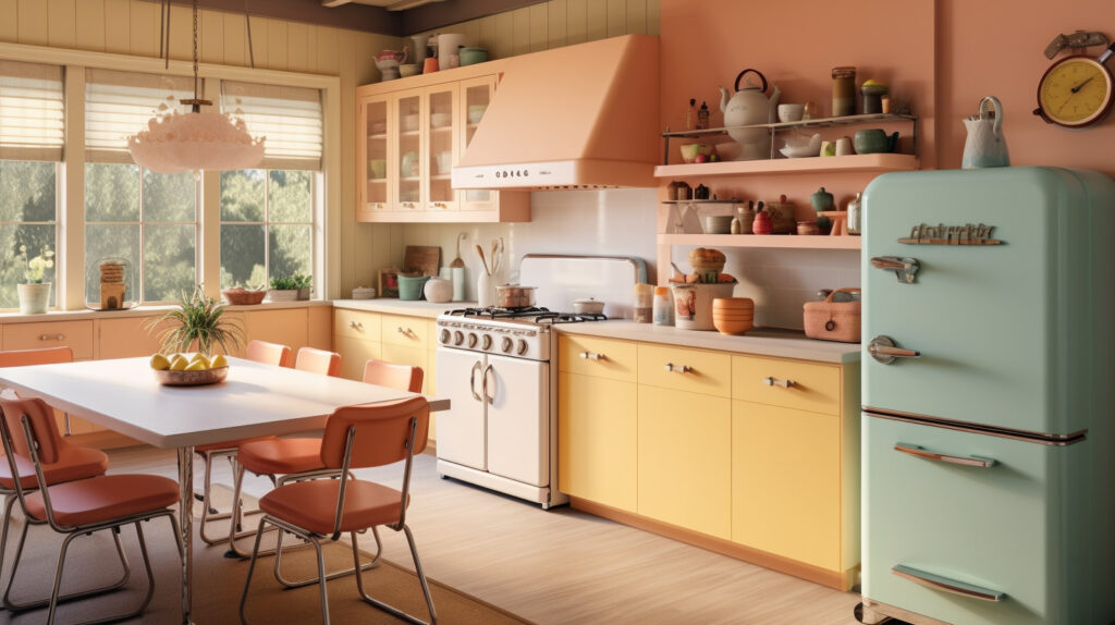 Retro kitchen featuring soft and inviting pale orange cabinets 