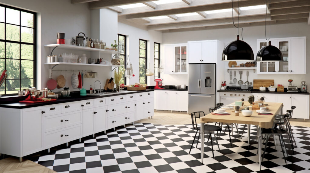 Retro kitchen featuring stylish black and white accents for a modern and retro-inspired look 