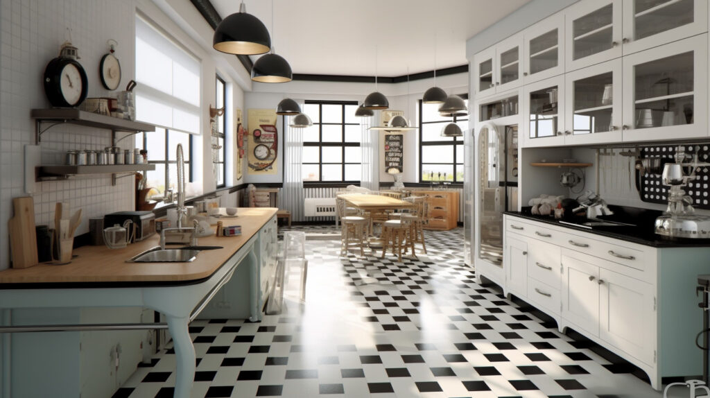 Retro kitchen featuring stylish black and white accents for a modern and retro-inspired look 