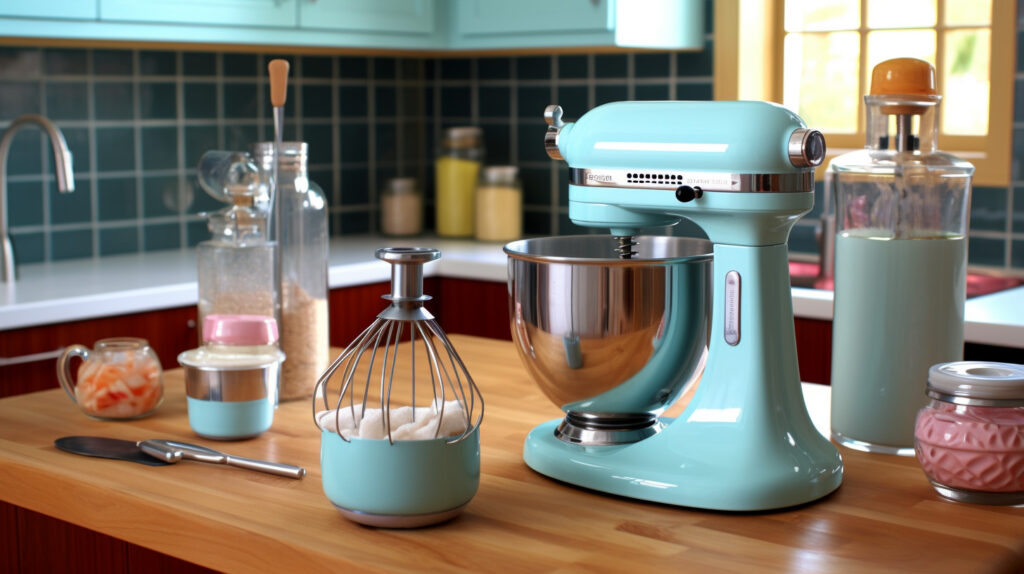 Retro kitchen featuring stylish mixers and blenders for a vibrant and functional cooking space 