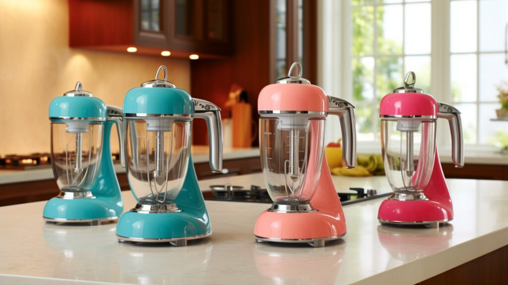 Retro kitchen featuring stylish mixers and blenders for a vibrant and functional cooking space 