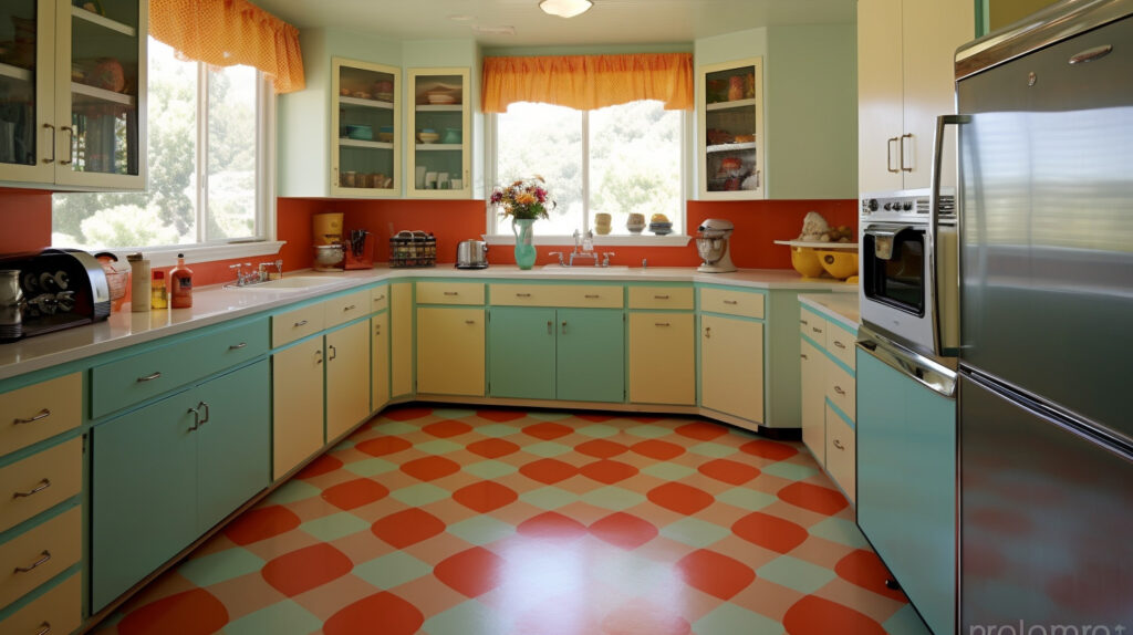 Retro kitchen featuring vibrant linoleum cabinets for a classic look 