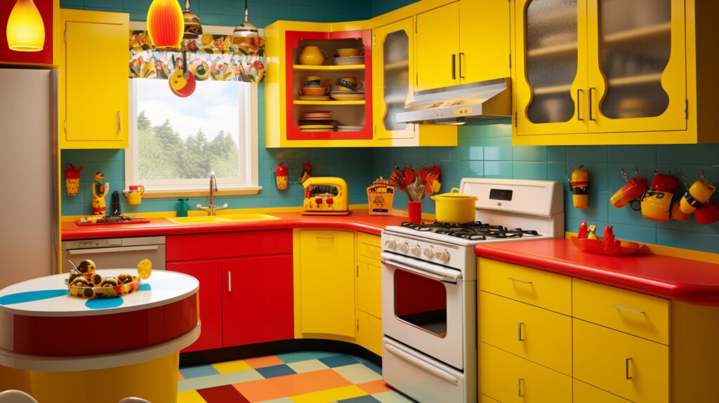 Retro kitchen featuring vibrant primary colors for a cheerful and lively design 