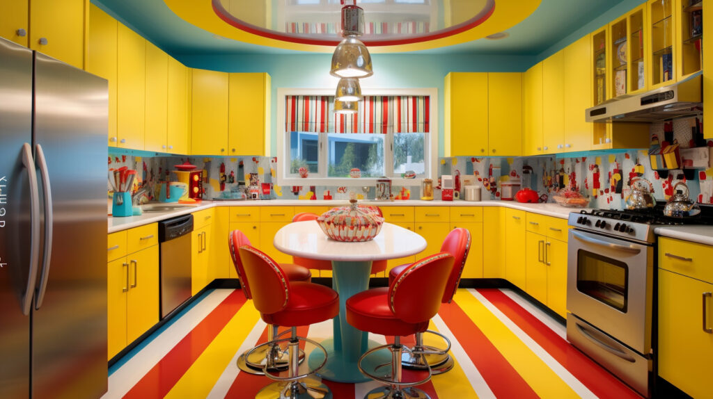 Retro kitchen featuring vibrant primary colors for a cheerful and lively design 
