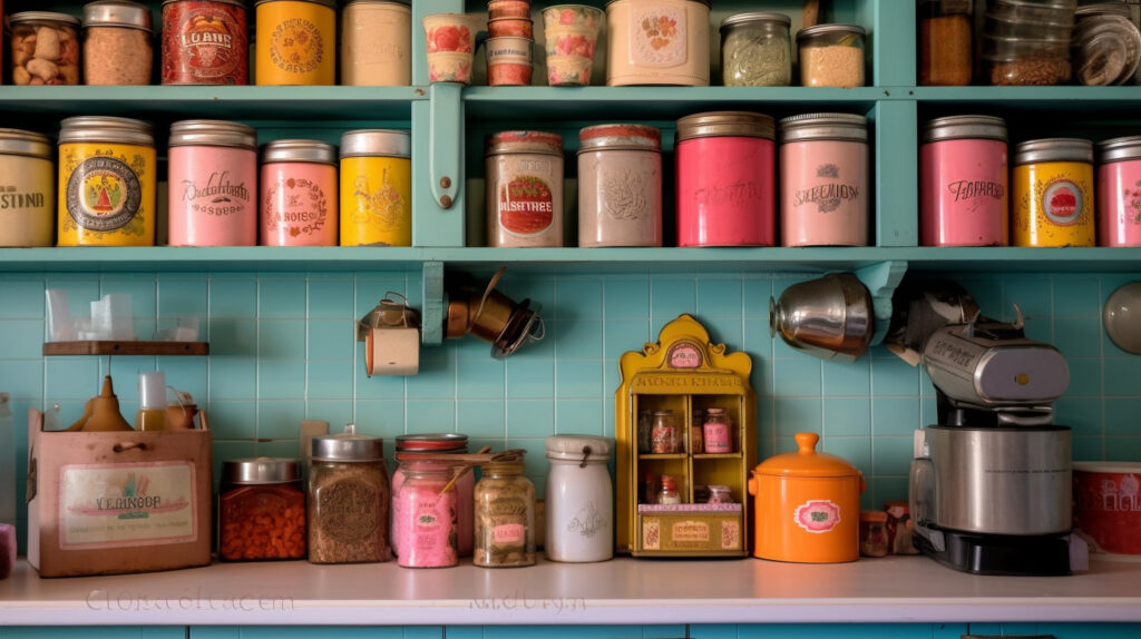 Retro kitchen featuring vintage canisters and storage containers for a touch of nostalgia 