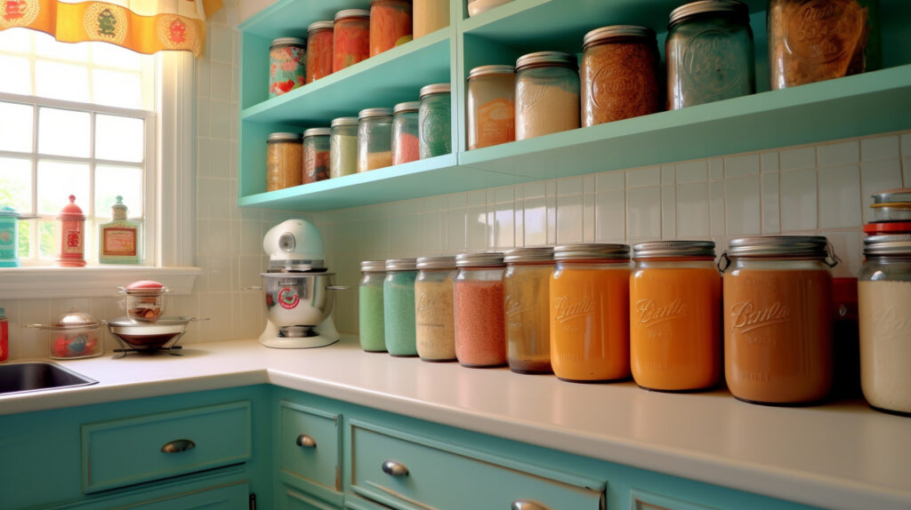 Retro kitchen featuring vintage canisters and storage containers for a touch of nostalgia 