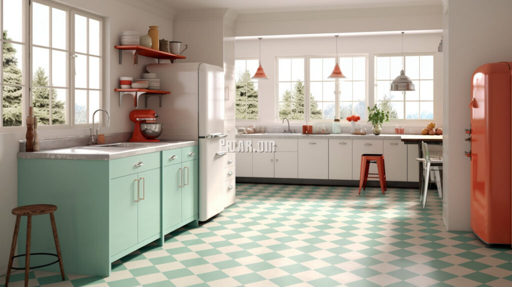 Retro kitchen featuring vinyl flooring with a vintage-inspired tile pattern 
