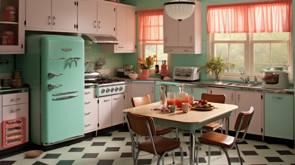Retro kitchen featuring well-maintained appliances and fixtures for long-lasting retro appeal