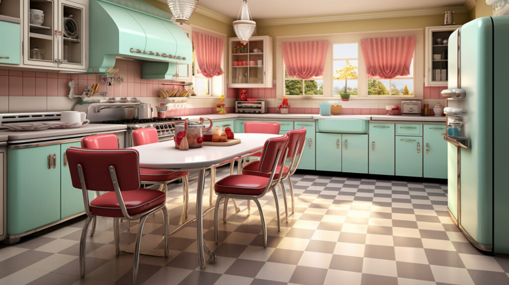 Retro kitchen showcasing a blend of vintage charm and modern elements for a unique and captivating design 