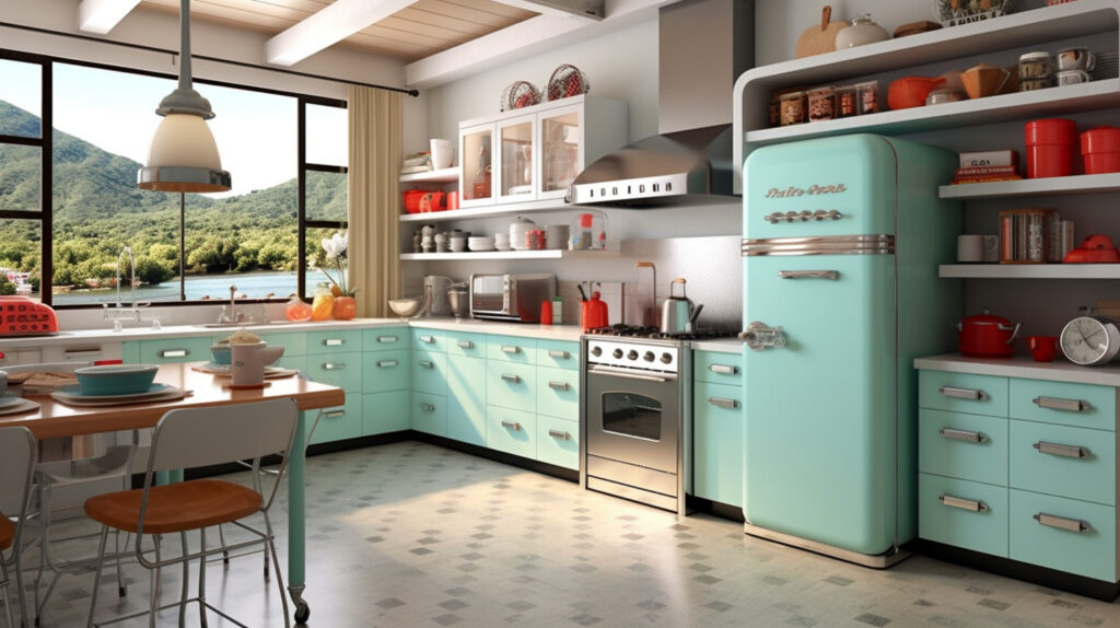 Retro kitchen showcasing a blend of vintage charm and modern elements for a unique and captivating design 