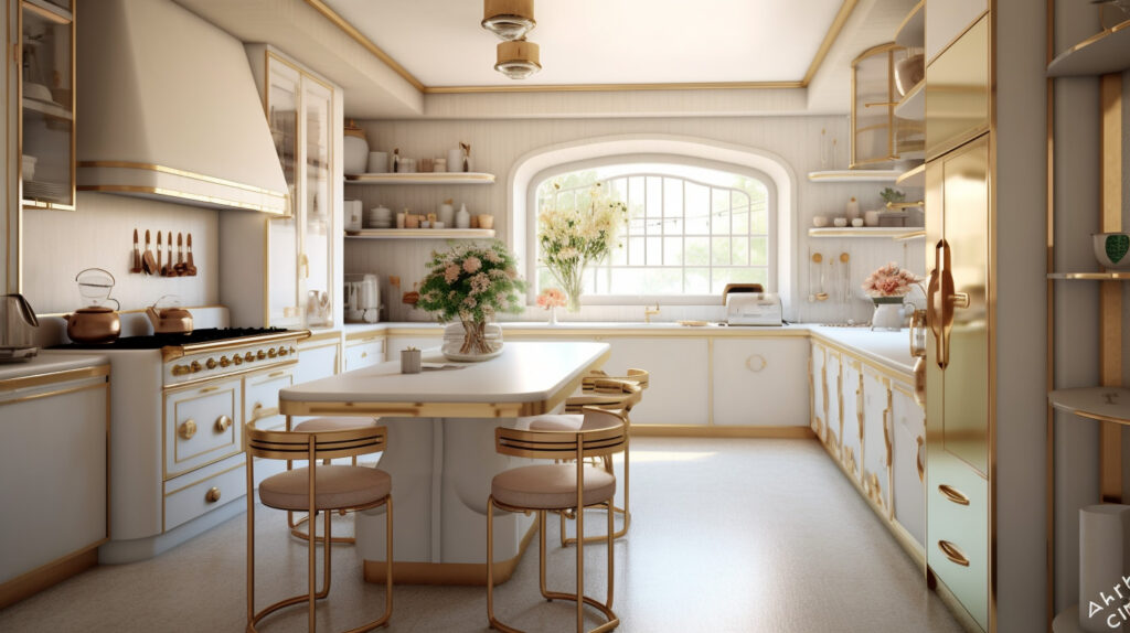 Retro kitchen showcasing a chic white and gold color scheme for a timeless and glamorous design
