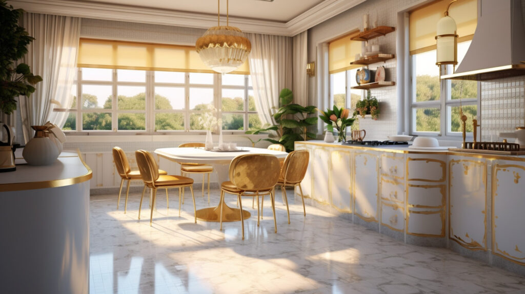 Retro kitchen showcasing a chic white and gold color scheme for a timeless and glamorous design
