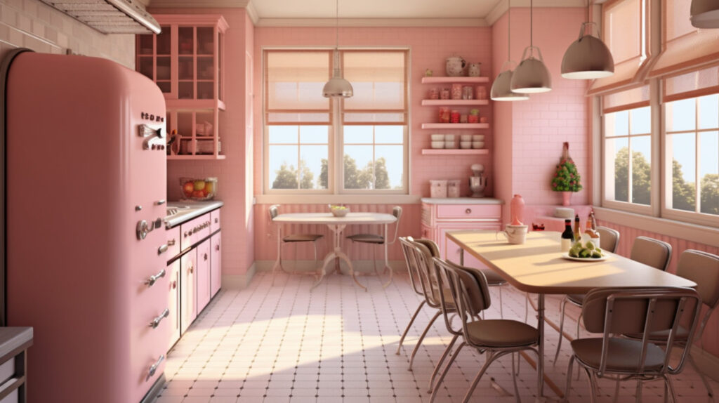 Retro kitchen showcasing a delightful and charming pink color palette 